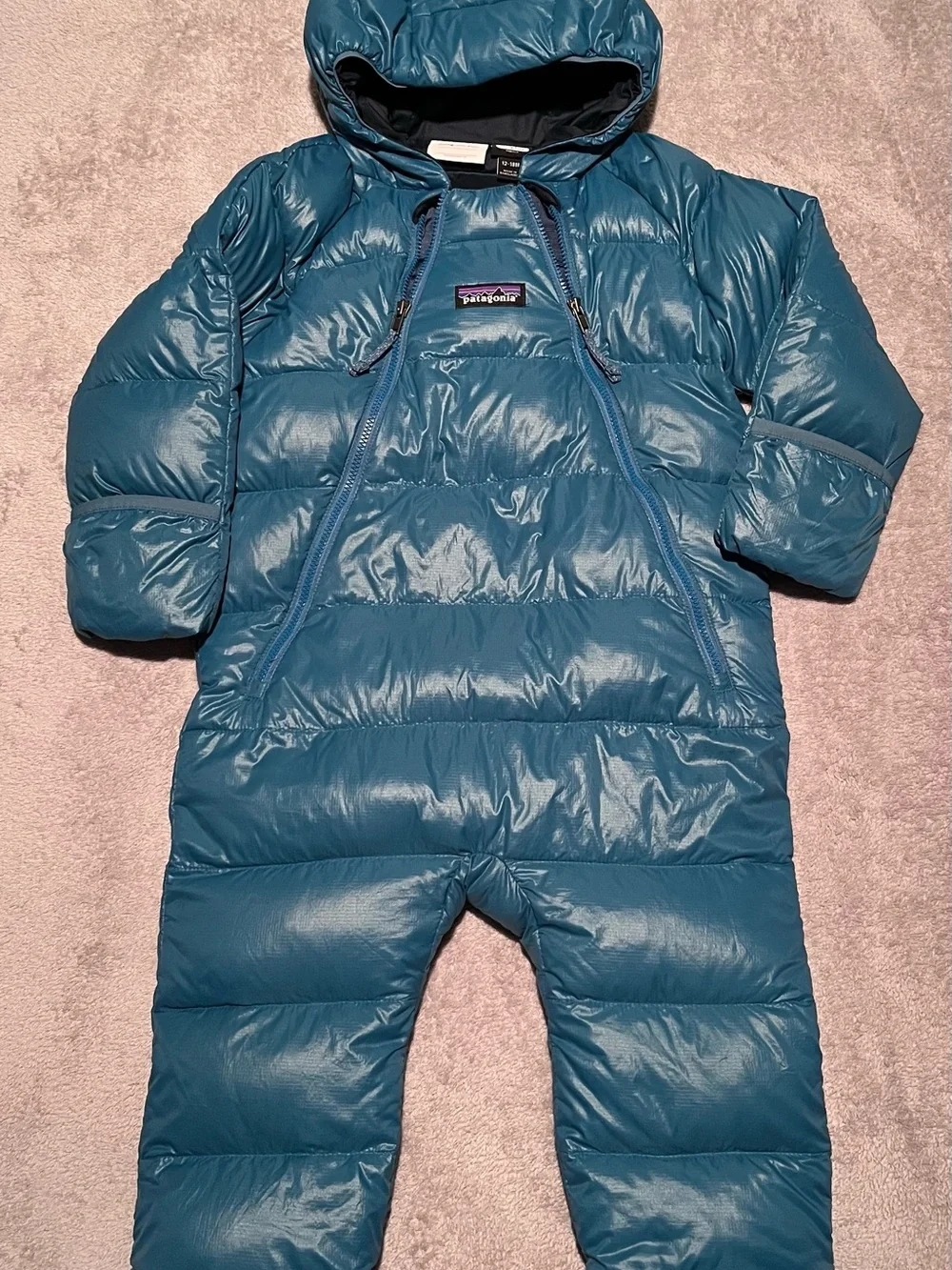 EUC 12-18M Patagonia Infant Hooded Hi-Loft Down Sweater Bunting in Blue